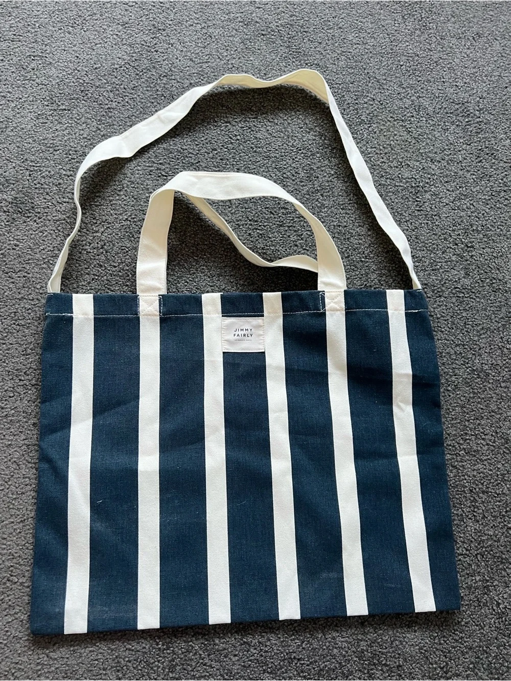 Jimmy Fairly Navy & White Stripe Tote Bag with Red Logo